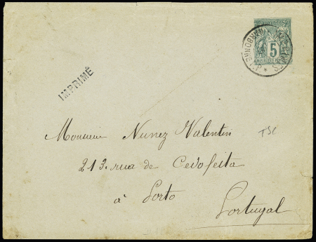Env. entier postal 5c Sage vert sur gris  TSC Henry de Martin (SAG D 18 D 2) sur papier gris-bleu, OBL CAD "imprimés Narbonne P.P." (1895) pour Porto