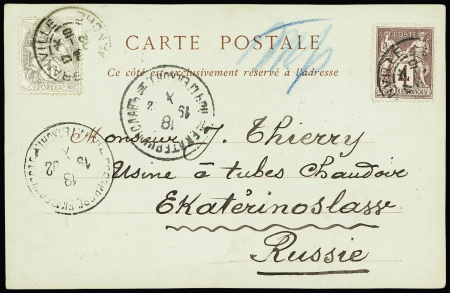 N°88 + 107 OBL "Granville Manche" (1902) sur carte postale pour Ekaterinoslaw (Russie). TB