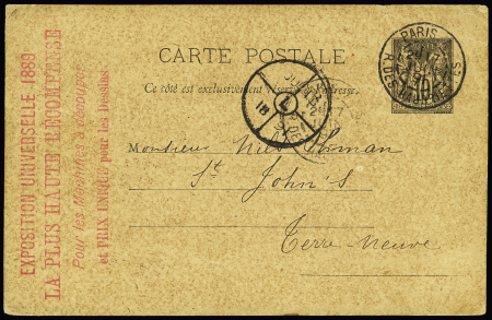 Entier carte postale 10c Sage OBL "Paris 7 R. des Haudriettes" (1891) adressée à Terre-Neuve avec au verso CAD d'arrivée "St John's New FLD". Destination très rare et TB