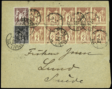 N°83 + 85, bloc de 10 + n°88 OBL CAD "Paris 43 rue Littré" (1894) sur lettre pour Lund (Suède) avec arrivée au verso. TB