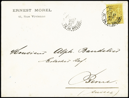 N°92 OBL CAD d'essai pointillé "Paris PL. de la Bourse" (1882) sur lettre pour Berne (Suisse) avec arrivée au verso. TB