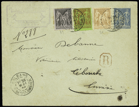 N°89 + 80 + 96 OBL "Orléans R. du Colombier" (1893) sur env. entier postal 15c Sage recommandée pour Tebourba (Tunisie). AFF 4 couleurs. TB