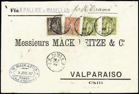 N°97 + 98 + 82, 2 pièces, OBL "Paris, 4 rue d'Enghien" (1897) sur lettre pour Valparaiso via La Pallice et Magellan, arrivée au verso. TB