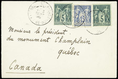 N°75, 2 pièces + n°90 OBL Neuville le Bas Puy de Dome (1898) sur lettre pour Quebec Canada avec arrivée au verso. TB