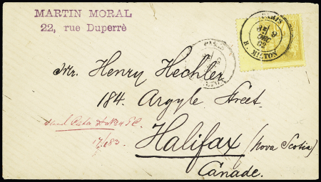 N°92 OBL CAD "Paris R. Milton" (1882) sur lettre pour Halifax Canada avec arrivée au verso. TB
