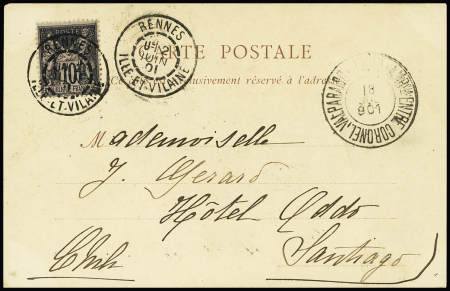 N°103 OBL CAD "Rennes Ille et Vilaine" (1901) sur carte postale pour Santiago du Chili  avec arrivée. TB