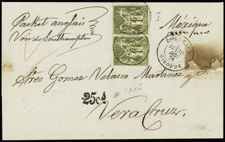 N°72, 1F olive en paire OBL "Bordeaux Gironde" (1876) sur lettre pour Véra-Cruz (Mexique)