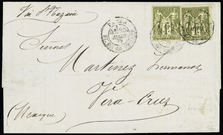 N°72, 1F olive, 2 pièces OBL Paris PL. dela Bourse (1879) sur lettre pour Véra-Cruz (Mexique). TB