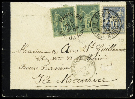 N°75, 2 pièces + n°90 OBL Daguin jumelé "Paris 26 Gare du Nord" (1894) sur petite env de deuil pour l'Ile Maurice avec CAD d'arrivée "Beau-Bassin" au recto. TB