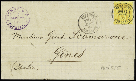 N°92 OBL CAD "Etranger Bordeaux" (1885) répété à côté sur lettre pour Gênes (Italie) avec arrivée au verso. TB