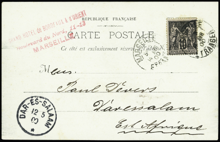 N°103 OBL CAD "Marseille étranger" (1900) sur carte postale avec CAD d'arrivée "Dar-Es-Salaam". Destination rare et TB