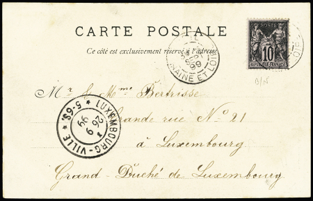 N°103 OBL Angers (Maine et Loire) sur carte postale avec grand CAD d'arrivée "Luxembourg-Ville". TB