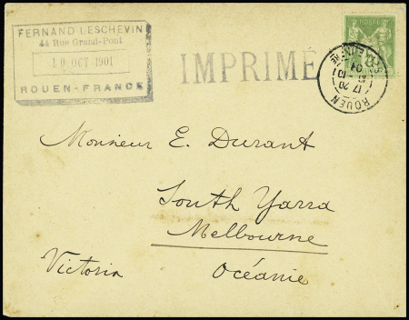 N°102 OBL Rouen (1901) sur imprimé pour Melbourne (Australie), destination rare et TB