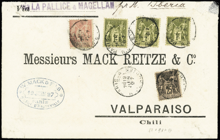 N°97 + 98 + 82, 3 pièces, OBL Paris 4 R. d'Enghien" (1897) sur lettre pour Valparaiso (Chili) avec arrivée au verso. TB