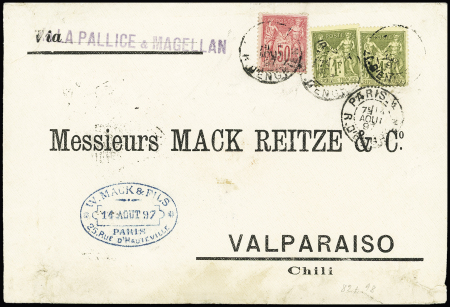 N°98 + 82, 2 pièces, OBL Paris 4 (1897) sur lettre pour Valparaiso avec arrivée au verso. TB