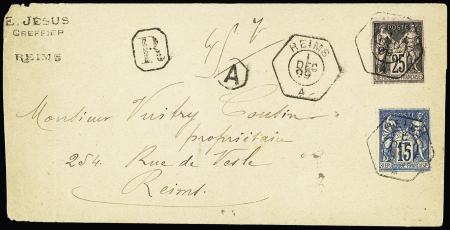 N°90 + 97 OBL CAD hexagonal à cercle intérieur "Reims A" (1899) sur lettre recommandée, jolie pièce