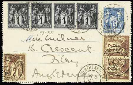 N083, bande de 4 + 85, 3 pièces sur entier carte lettre 15c Sage OBL "Contrexeville Vosges" (1899) pour la Grande-Bretagne, bel AFF