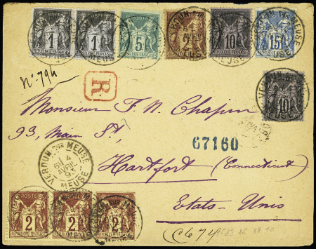 N°75 + 83 en paire + 85, 4 pièces + 89, 2 pièces + 90 OBL "Verdun sur Meuse Meuse" (1893) sur lettre recommandée pour les USA avec arrivée, bel AFF 5 couleurs, TB