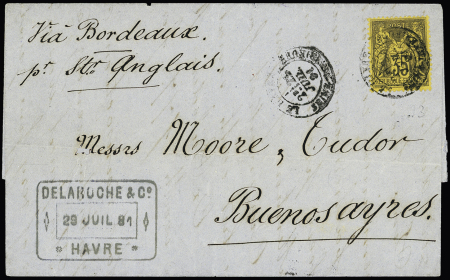 N°93, 35c violet-noir sur jaune OBL Le Havre (1891) sur lettre pour Buenos-Aires avec arrivée au verso. TB
