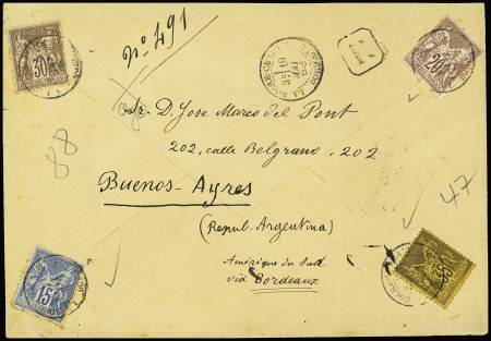 N°67 + 69 + 90 + 93 OBL "La Roche Chalans Dordogne" (1888) sur lettre recommandée pour l'Argentine avec arrivée au verso, AFF 4 couleurs. TB