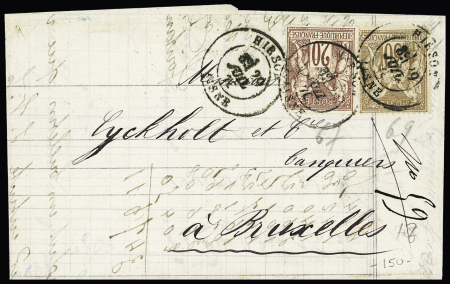 N°67 + 69 OBL T18 "Hirson Aisne" (1878) sur lettre pour Bruxelles, AFF peu courant. TB
