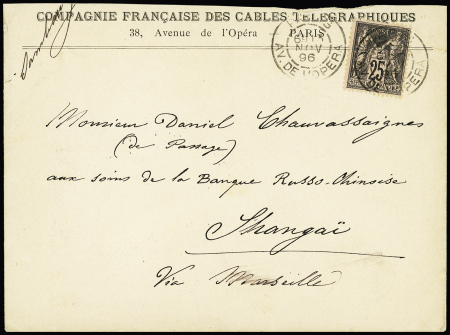 N°97 OBL "Paris av. de l'Opéra" (1896) sur lettre à en-tête "Compagnie française des cables télégraphiques" adressée à Shangaï avec arrivée au verso. TB