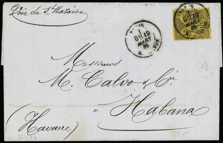 N°93, 35c violet-noir sur jaune OBL CAD "Paris R. Milton" (1881) sur lettre pour La Havane (Cuba) avec arrivée au verso. TB