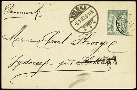 Env. entier postal 5c Sage vert pour Holbek (Danemark) avec CAD d'arrivée au recto et au verso CAD de réexpédition "Jyderup" (1893). TB