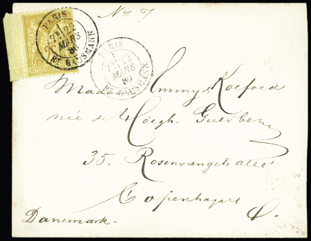 N°92 OBL CAD "Paris Bt Haussmann" (1880) sur lettre pour Copenhague (Danemark) avec arrivée au verso. TB
