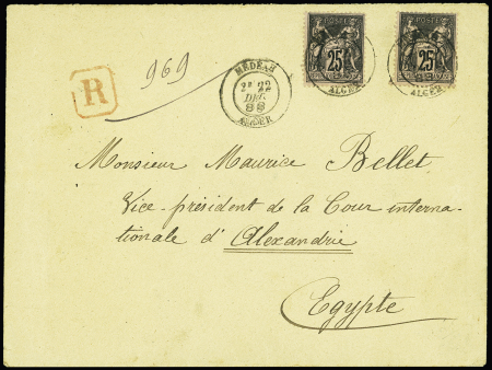 N°97, 2 pièces OBL CAD T18 "Médéah Alger" (1888) sur lettre recommandée pour l'Egypte. TB