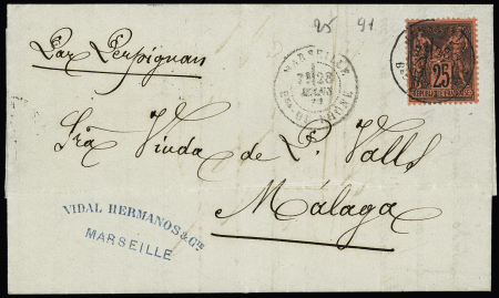 N°91, 25c noir sur rouge OBL CAD "Marseille Bches du Rhone" (1879) sur lettre pour Malaga (Espagne). TB
