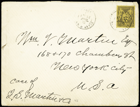 N°93, 35c violet-noir sur jaune, OBL CAD "Paris rue d'Antin" (1878) sur lettre pour les USA avec au verso CAD Duplex "New-York Paid". TB