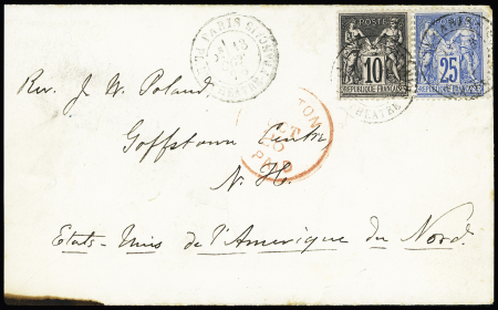 N°89 + 90 OBL "Paris PL. du Théatre Français" (1879) sur lettre pour les USA avec arrivée au recto. TB