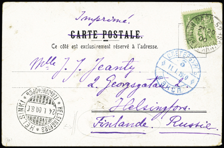 N°52 OBL CAD "Paris Bd Montparnasse" (1900) sur carte postale pour la Finlande avec CAD de transit St Petersbourg et CAD d'arrivée Helsinki. Jolie pièce