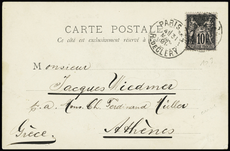 N°103 OBL CAD "Paris 24 R. de Cléry" (1899) sur carte postale pour Athènes avec arrivée au verso. TB