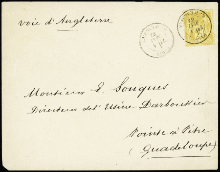 N°92 OBL CAD "Paris r. d'Enghien" (1882) sur lettre pour Pointe à Pitre (Guadeloupe) avec arrivée au verso. Bonne destination. TB