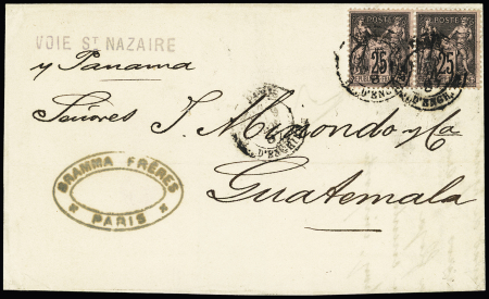 N°97, 25c Sage noir sur rose en paire OBL CAD "Paris R. d'Enghien" (1887) sur lettre pour le Guatemala. TB