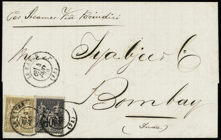 N°69 + 89 OBL T18 "Le Havre (74)" (1878) sur lettre pour Bombay (Inde). TB