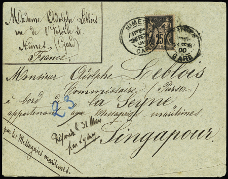 N°97 OBL Nimes Gard (1900) sur lettre pour Singapour avec arrivée au verso. TB