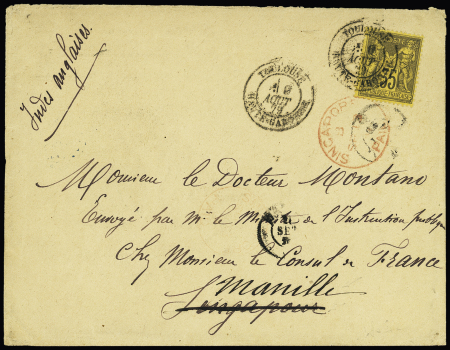 N°93, 35c violet-noir sur jaune, OBL CAD "Toulouse Haute Garonne" (1879) sur lettre pour Singapour réexpédiée à Manille. TB