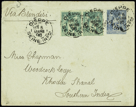 N°75 en paire OBL CAD "Dieppe Seine Infre" (1896) sur env. entier postal 15c Sage pour l'Inde Anglaise au verso CAD "Sea post Office" et CAD d'arrivée "Kodaikanal". TB
