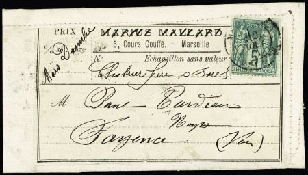 N°75 OBL Marseille (1881) sur étiquette de colis en tissu avec mention imprimée "echantillon sans valeur". TB