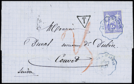 N°78 OBL CAD convoyeur-ligne bleu "Digne à St Aubin" (1877) sur lettre pour Couvet (Suisse) avec taxe 25 au crayon rouge. TB