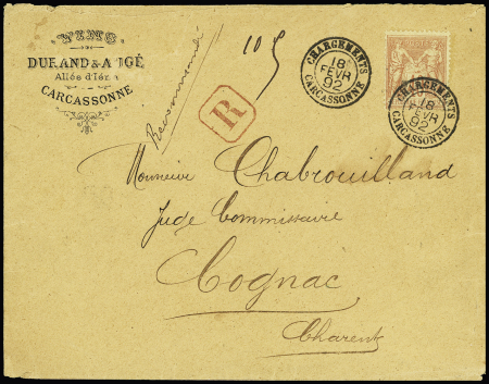 N°94 OBL CAD "Chargements Carcassonne" (1892) répété à côté sur lettre recommandée. Jolie pièce