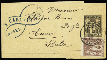 N°88 OBL CAD "Nimes Bd Gambetta" (1886) sur entier bande 1c Sage noir pour l'Italie. TB
