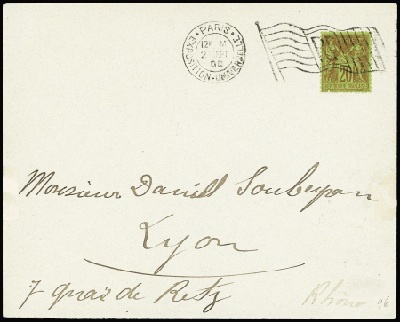 N°96, 25c brique sur vert, OBL mec drapeau "Paris exposition universelle" (1900 sur lettre pour Lyon. TB