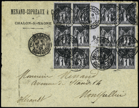 N°83, bloc de 12 interpanneau avec millesime O OBL "Chalon-s-Saone Saone et Loire" (1901) sur lettre. Spectaculaire et TB