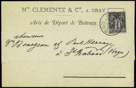 N°83 OBL "Gray Hte Saone" (1898) sur carte postale "avis de départ de bateaux" sous bande. TB