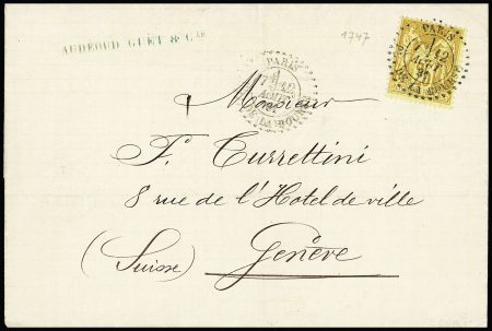 N°92 OBL CAD d'essai pointillé "Paris PL de la Bourse" (1881) répété à côté sur lettre pour Genève. Jolie pièce