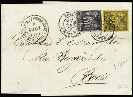 N°89 + 93, 35c violet-noir sur jaune OBL CAD "Bordeaux Gironde" (1879) sur lettre pour Paris. TB